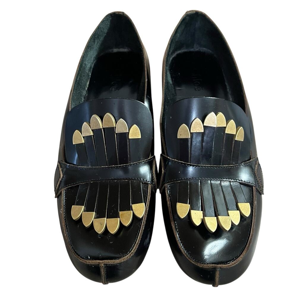 Chloe Brass Kilte Fringe Loafers Black Leather Womens Size 36.5 6.5 Flat